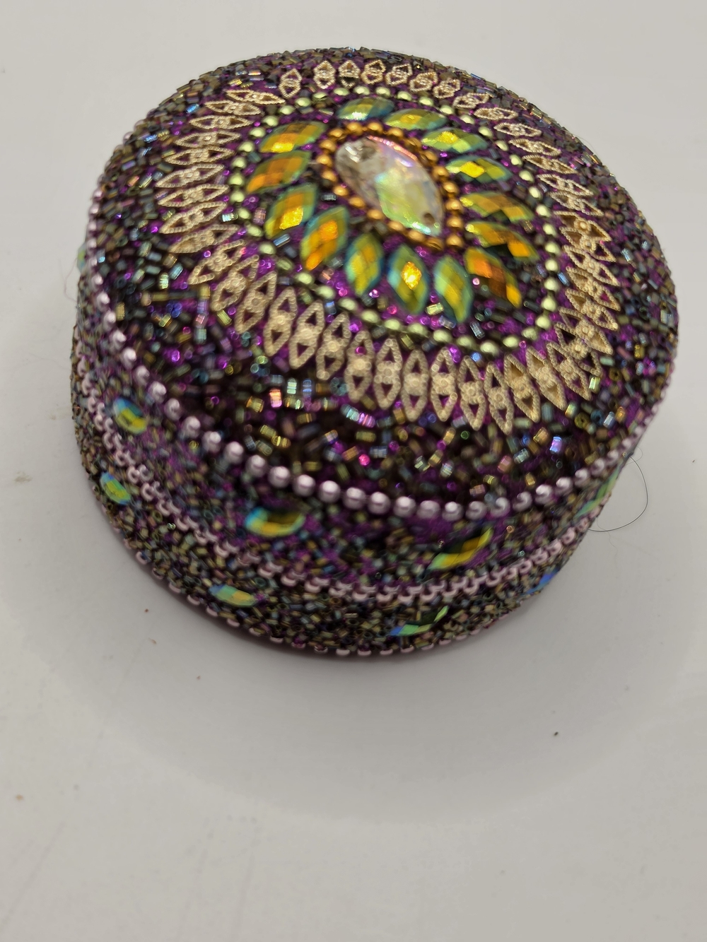 Beaded Round Jewelry Trinket Box - Purple and Gold Crystal Beaded Handcrafted